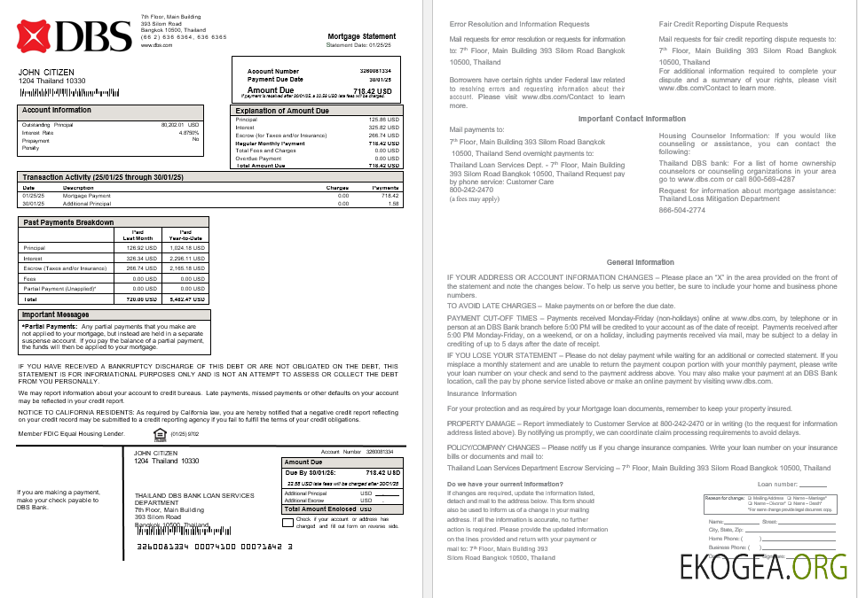 Relevé hypothécaire de la banque DBS de Thaïlande aux formats Word et PDF